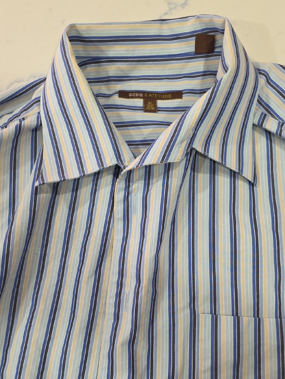 BCBG Light Blue, Navy & Cream Striped Button-Down Shirt